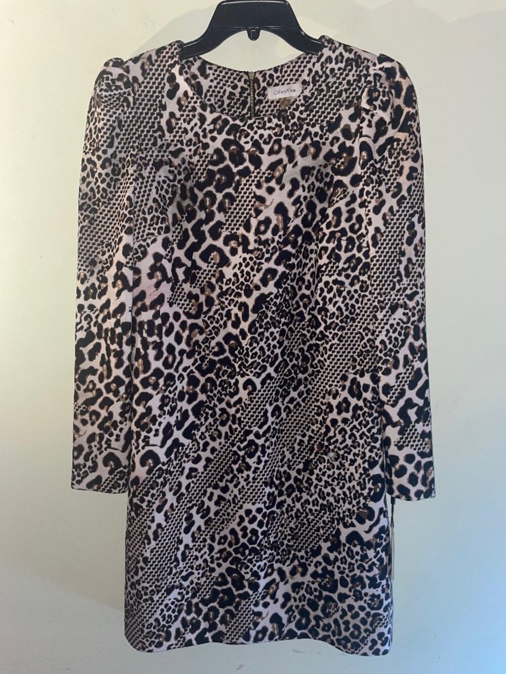 Calvin Klein Leopard Print Long Sleeve Dress Size 12 NWT Zipper Flaw